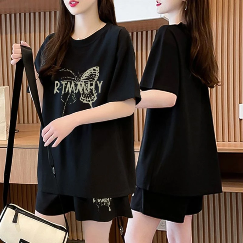胖mm大码纯棉显瘦休闲运动套装女夏季新款韩版网红短袖短裤两件套