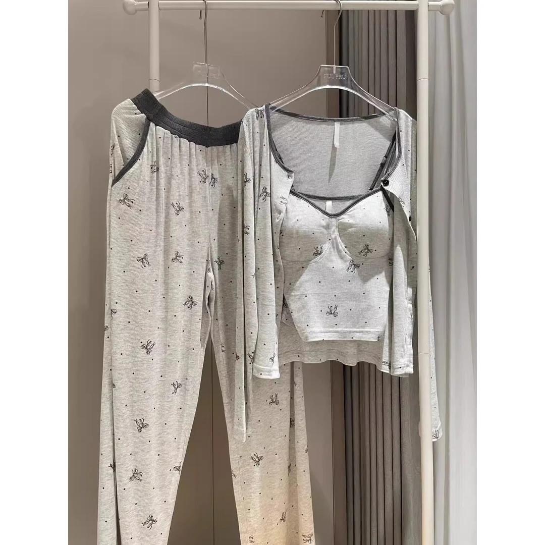 【纯欲三件套】蝴蝶结带胸垫吊带睡衣女2025春秋新款家居服可外穿