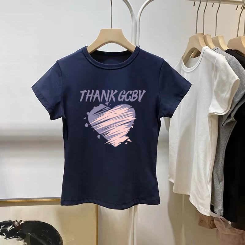 2025夏季正肩纯棉圆领短袖t恤女装ins时尚百搭洋气藏青色上衣修身