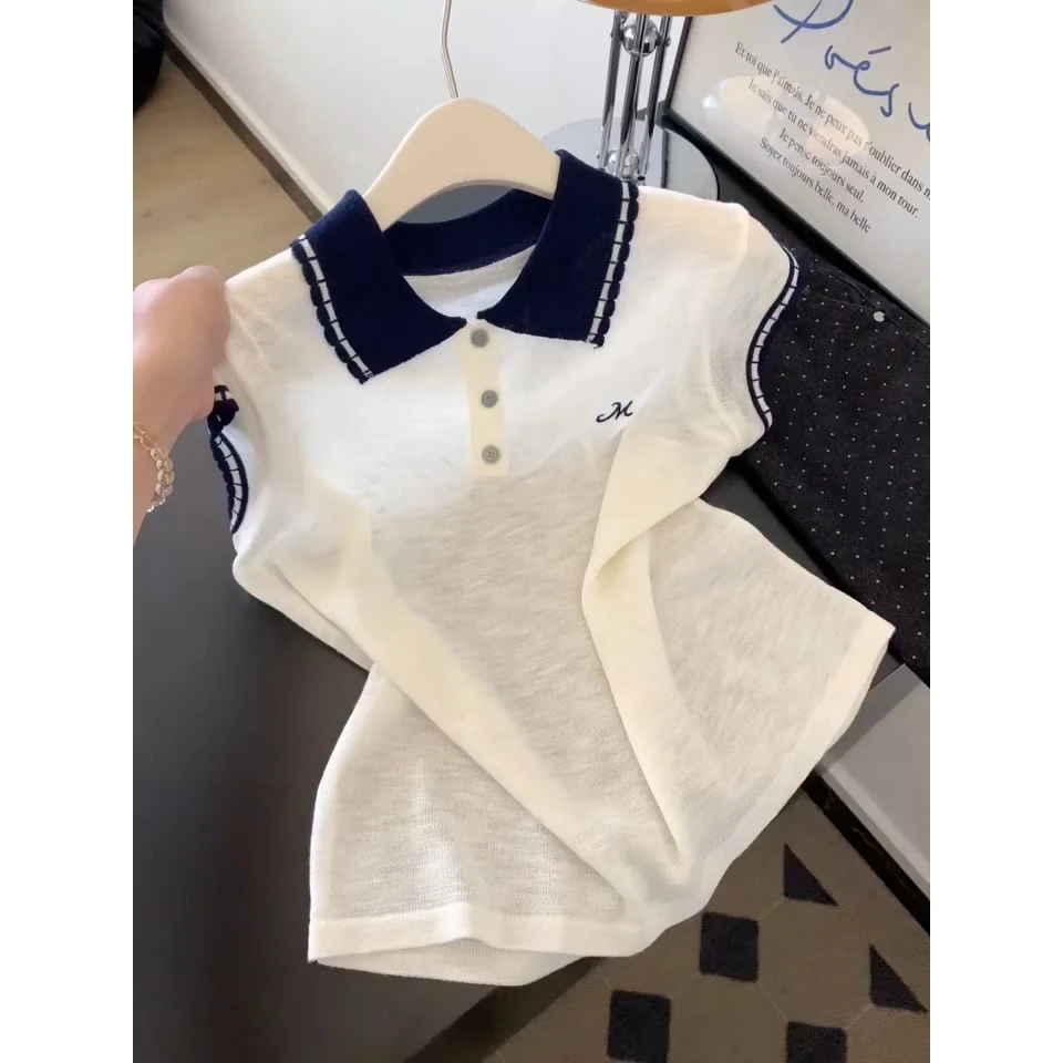 法式翻领拼色刺绣字母冰丝针织短袖t恤2025夏季百搭减龄上衣女