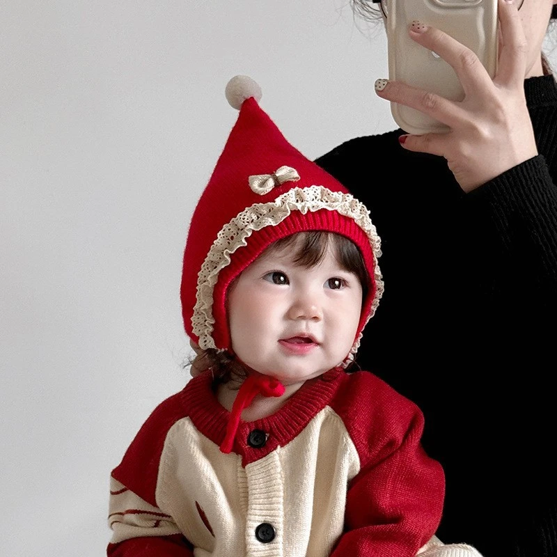 婴儿帽子冬天毛线帽红色喜庆尖顶针织护耳帽女宝宝喜庆新年过年帽
