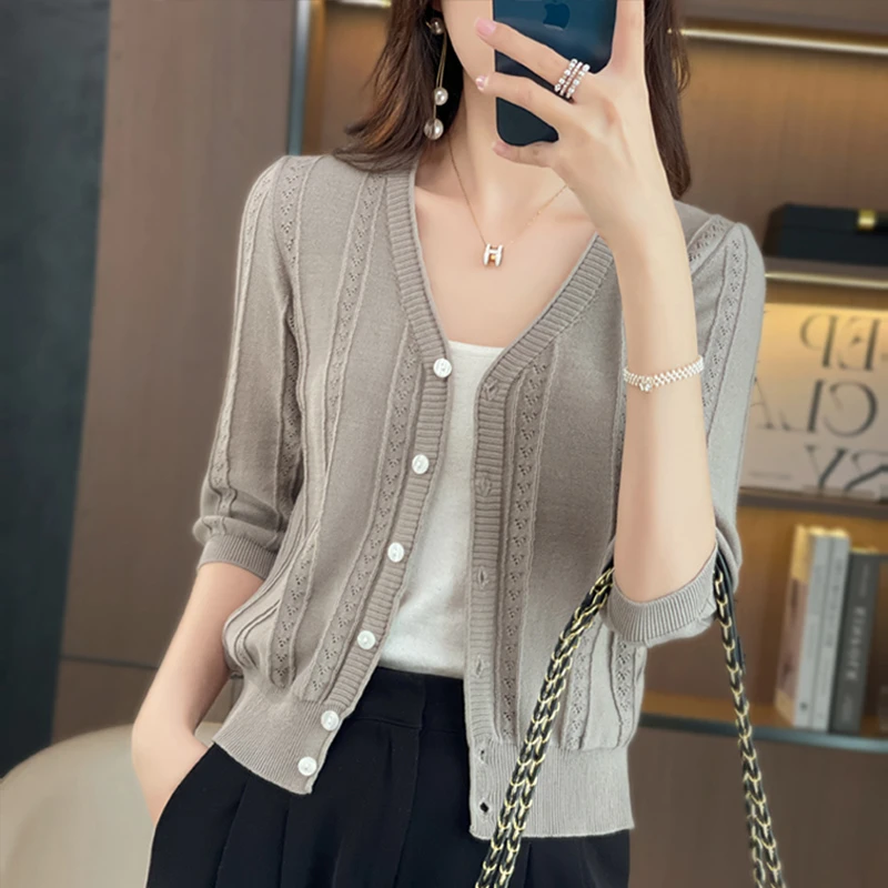 纯棉新疆棉 小短款V领开衫镂空纯棉七分袖女士百搭显瘦夏季宽松