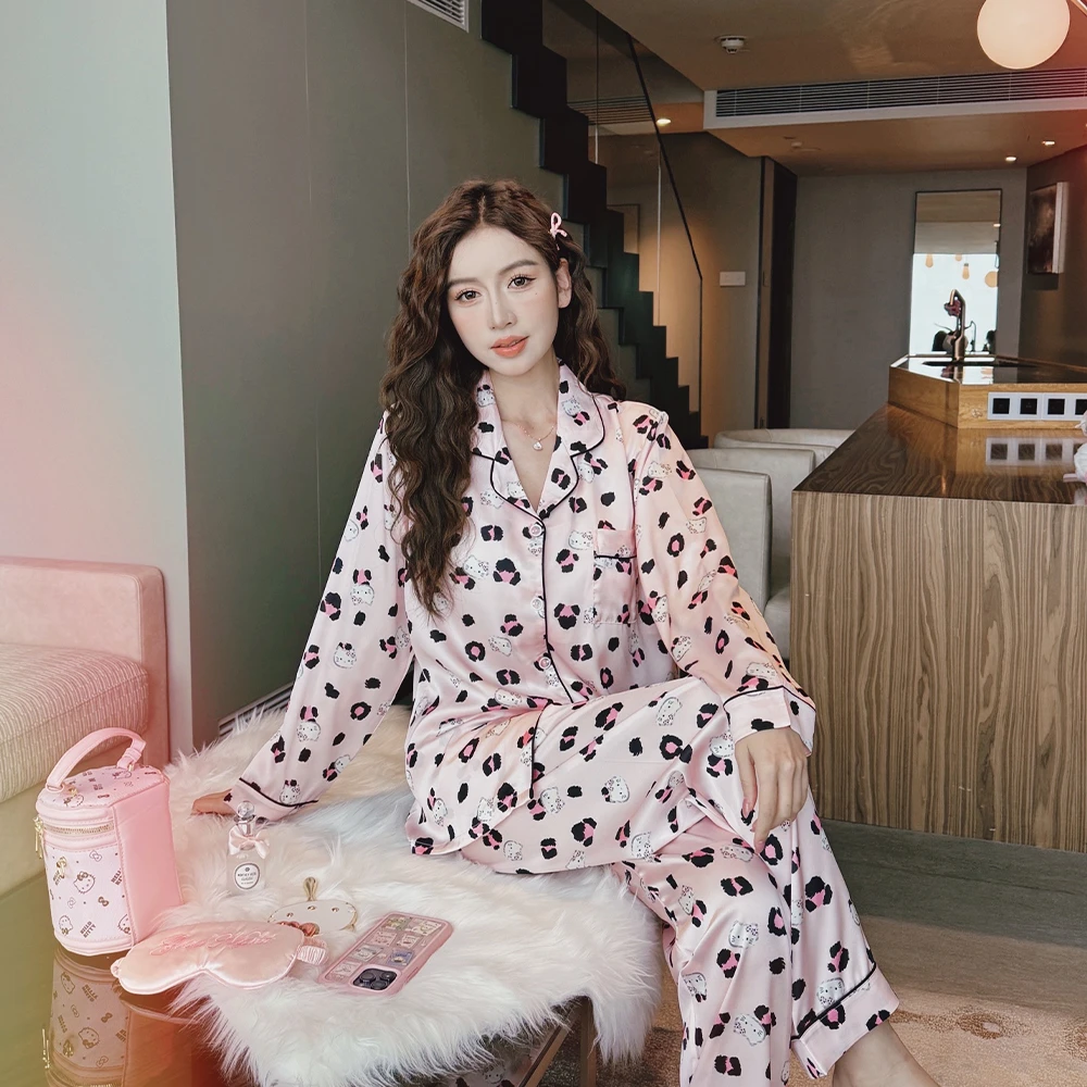 带胸垫小香风冰丝睡衣女春季薄款丝绸高级感套装宽松春夏天家居服