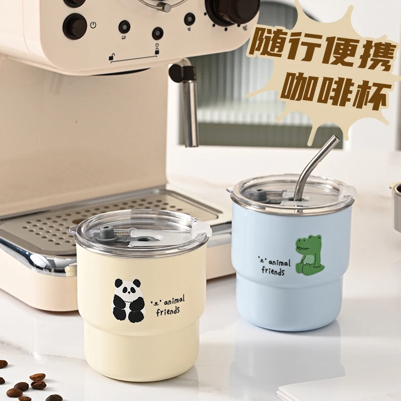 简约咖啡杯不锈钢情侣卡通带透明盖吸管情侣水杯高颜值保温露营杯