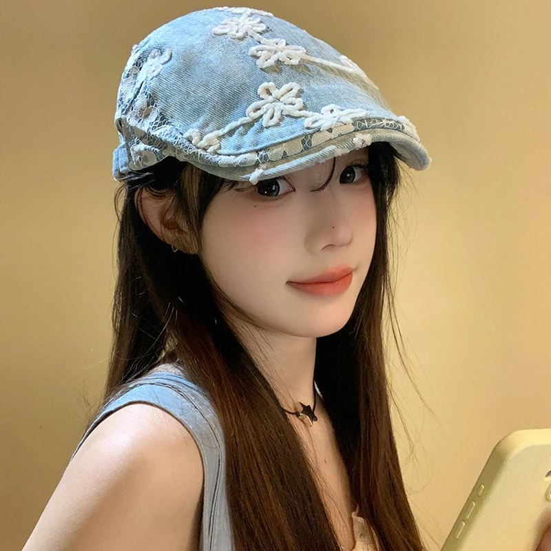 刺绣拼接蕾丝花朵前进帽子女春秋季复古百搭大头围反戴鸭舌贝雷帽