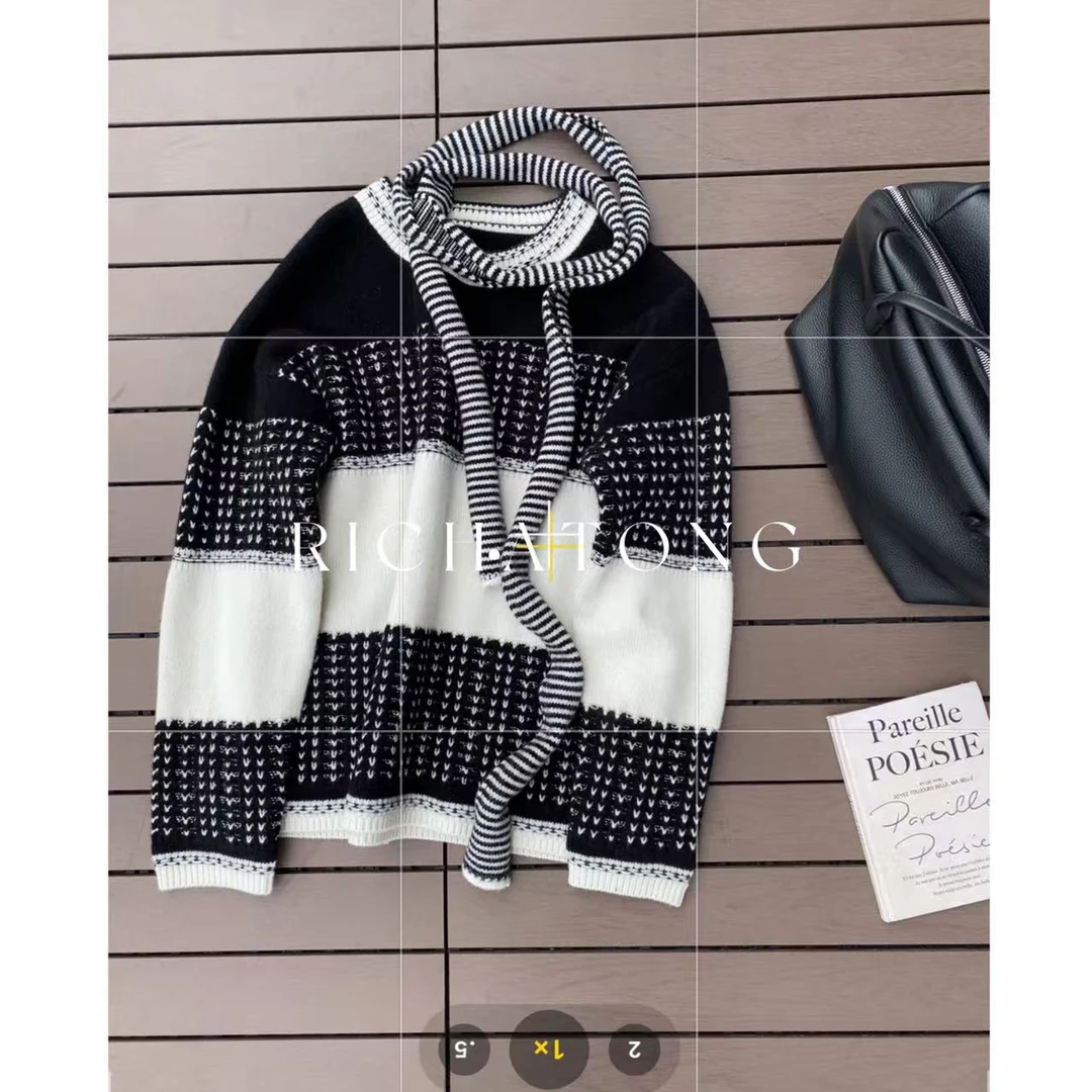 atong/阿彤-【爱心】-100%wool 极简撞色套头毛衣围巾套装0921-26