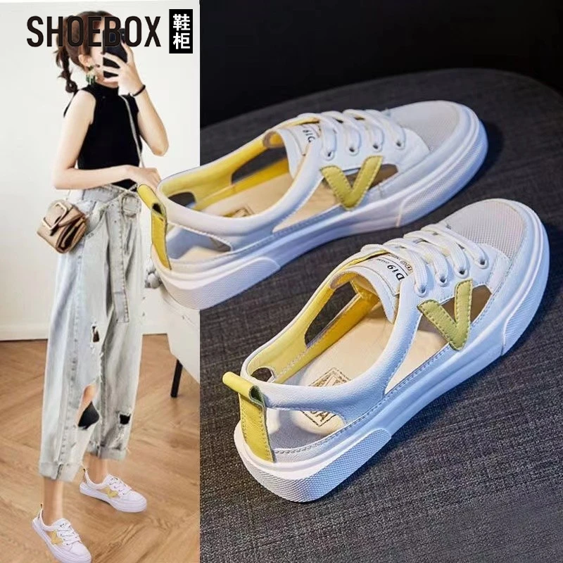 SHOEBOX鞋柜薄款透气包头运动凉鞋女2025夏季软底镂空休闲小白鞋