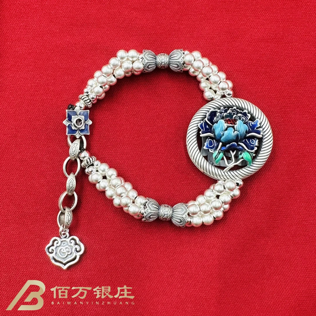 足银手链 【佰万银庄】足银990银络天香多串珐琅彩手链约33.25克