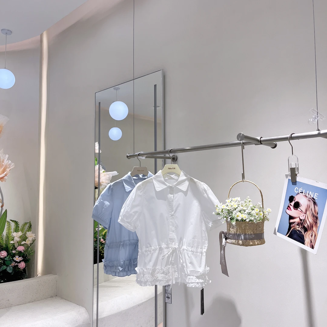 艾然夏款上新下摆抽绳荷叶边衬衫韩版9881