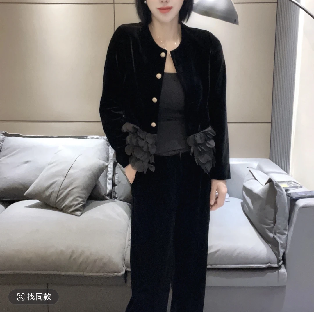高级感丝绒减龄开衫外套百搭显瘦下摆花边拼接外套