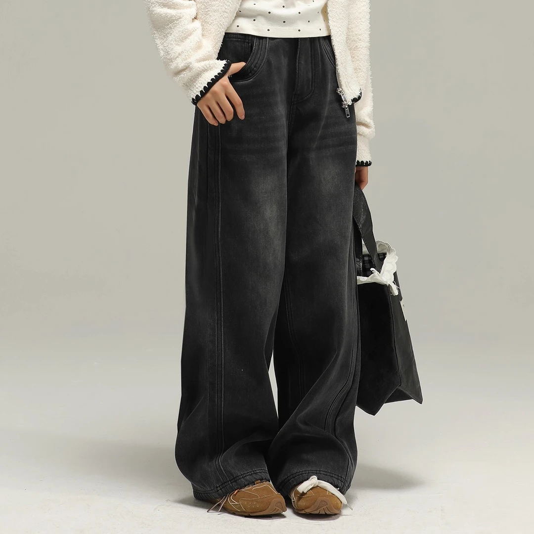 小女森女童秋冬加绒牛仔裤保暖水洗黑色宽松长裤垂感显瘦阔腿裤子