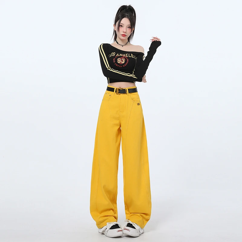 灵貂黄色阔腿女士牛仔裤2025秋冬新款痞帅高腰显瘦宽松拖地裤子