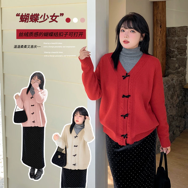 【红袖雨】大码女装V领开衫冬季甜美宽松显瘦红色毛衣SR0824431918