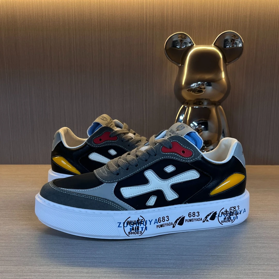 男士欧洲站2025秋冬新款头层牛皮拼接米字鞋时尚百搭舒适软底板鞋