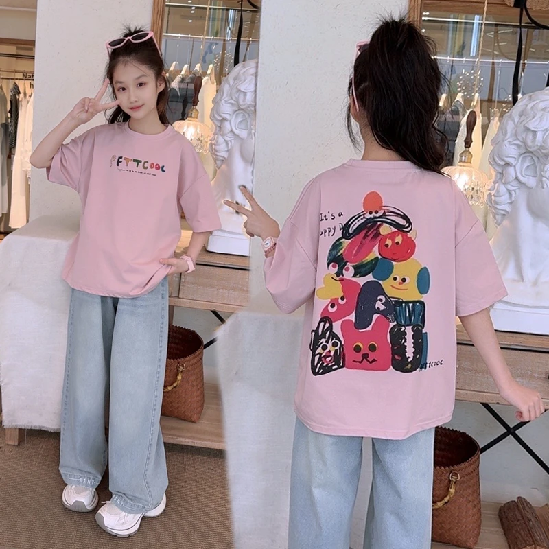女童夏装套装2025新款休闲儿童洋气时髦大童夏季牛仔阔腿裤两件套