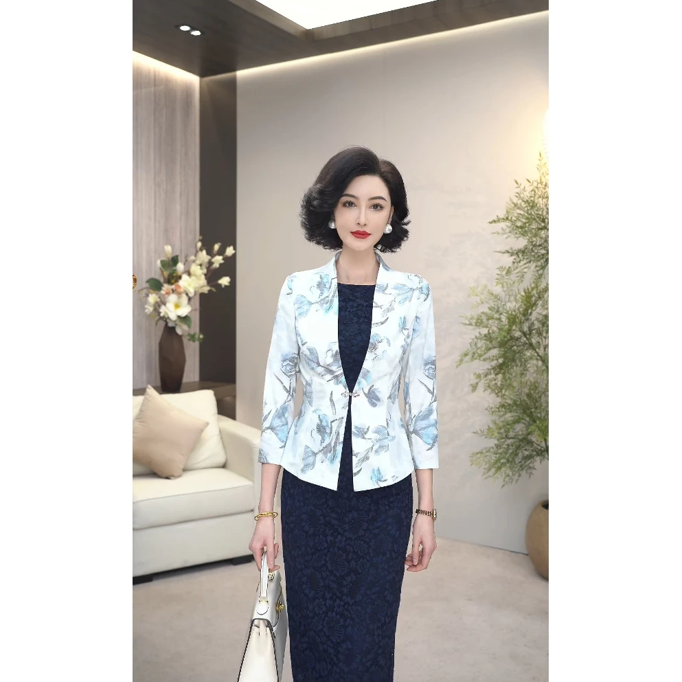 2025夏新款墨染花朵弹力天丝亚麻新中式西装外套短款上衣WF2119