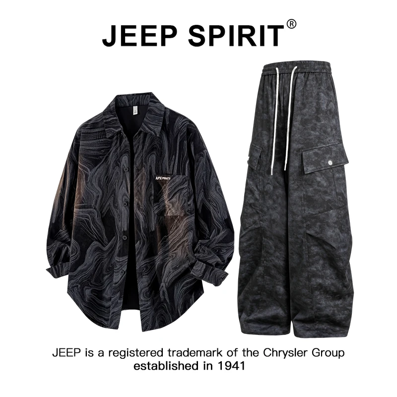 Jeep吉普春秋男士休闲套装2025新款潮流扎染长袖衬衫工装裤两件套