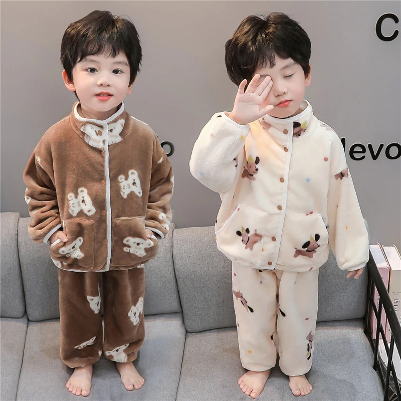男童珊瑚绒卡通睡衣冬季新款儿童加厚法兰绒套装小男孩保暖家居服