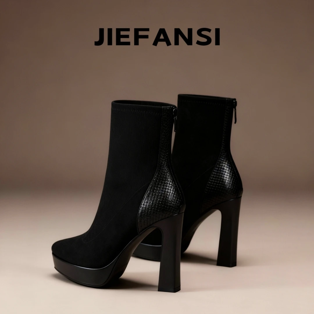 真皮尖头厚底粗跟短靴女2025秋冬季新款防水台高跟弹力靴瘦瘦靴子