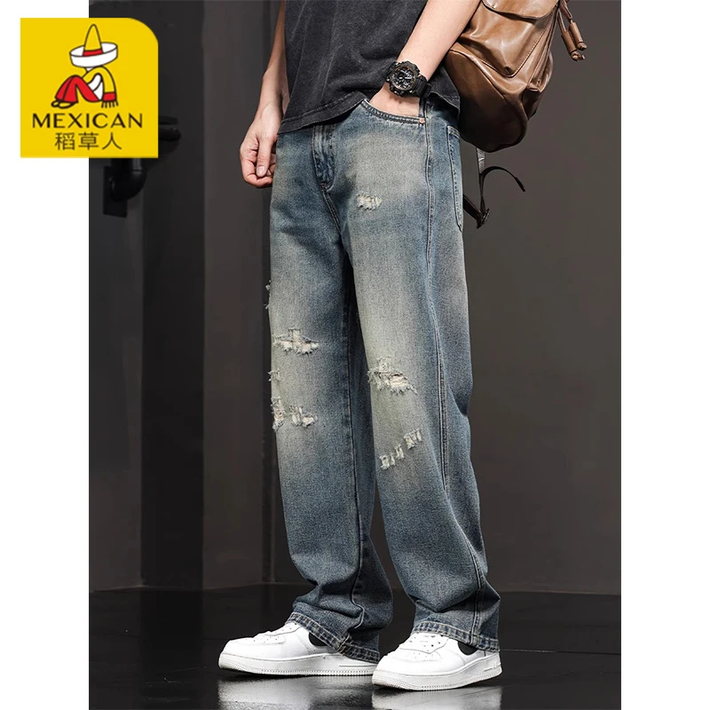 Mexican/稻草人美式潮牌破洞牛仔裤男秋季新款宽松直筒阔腿休闲裤