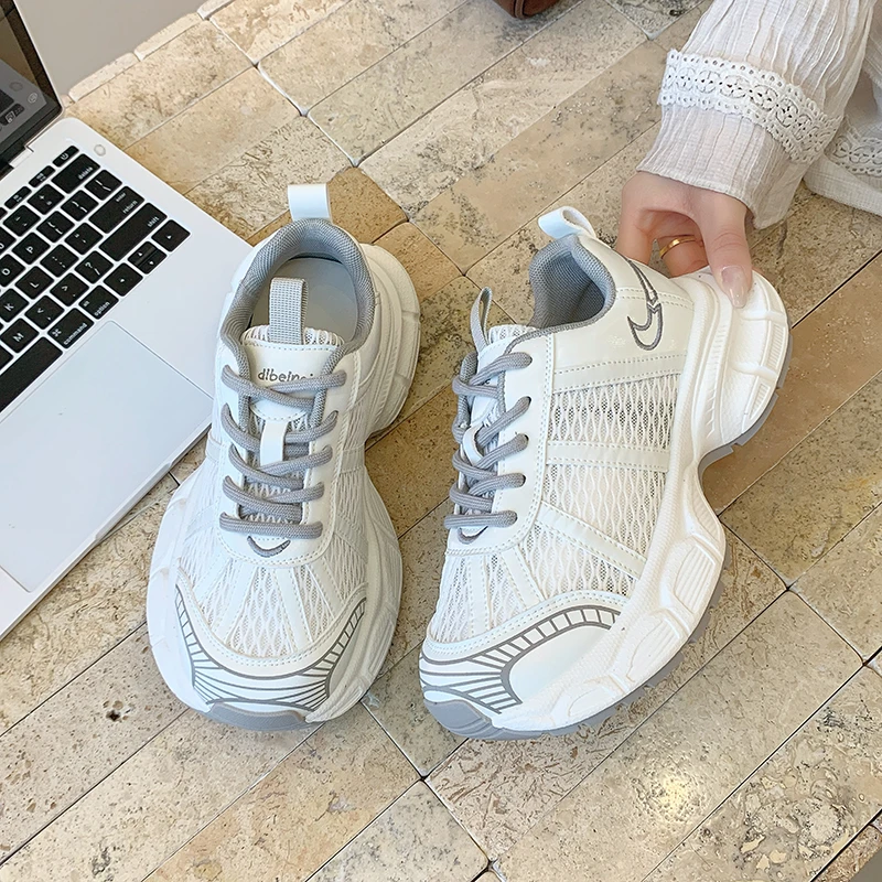 欧货网面显脚小厚底老爹鞋女2025新款透气增高休闲鞋百搭运动鞋潮