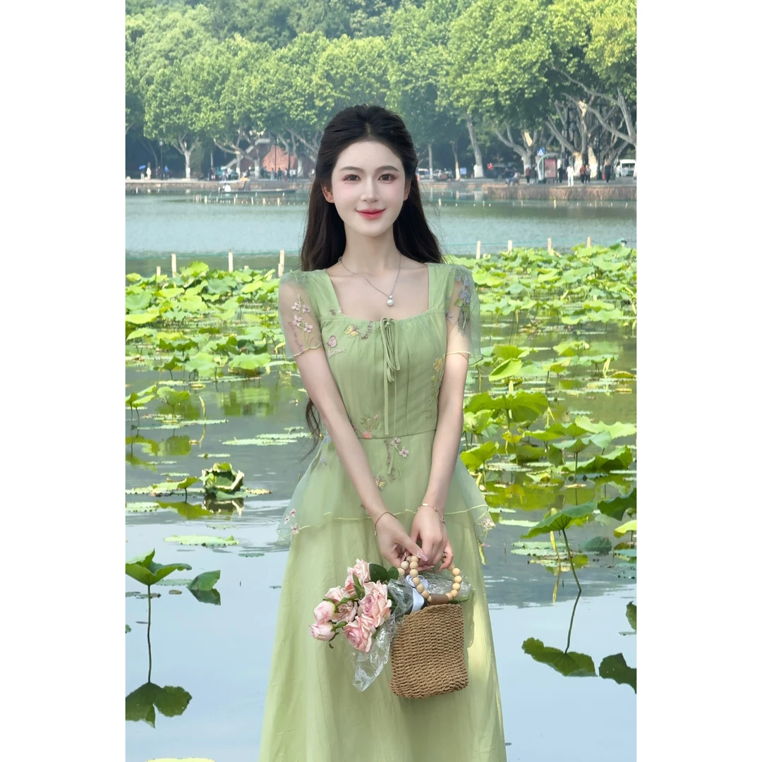 【夏日青提】LiLi度假风假两件法式绿色显白仙女裙 XMZH7412