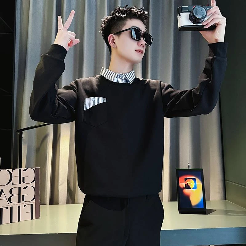 男士潮牌假两件卫衣春秋季潮牌痞帅衬衫领上衣2025新款内搭打底衫