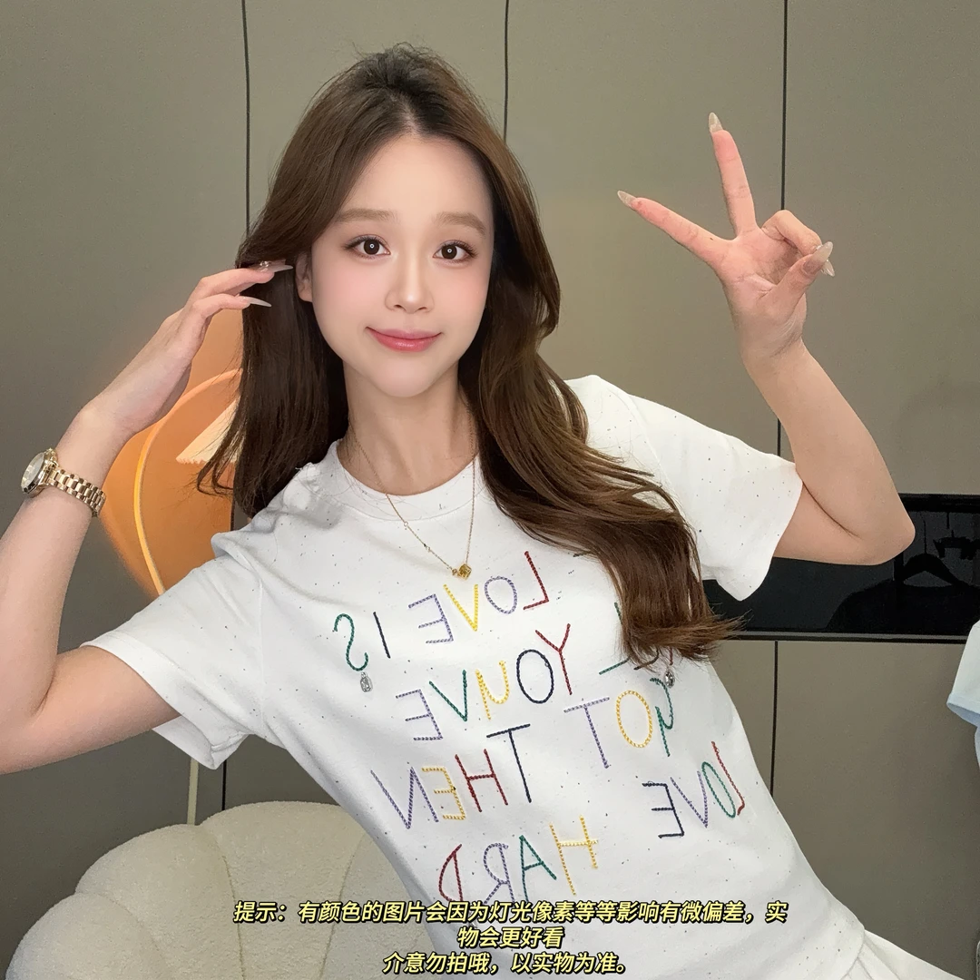 芈芈2025新款短袖字母刺绣短袖T恤女修身显瘦上衣2739
