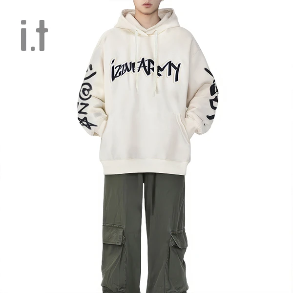 i.t美式复古潮流情侣款字母印花长袖连帽套头卫衣宽松高街百搭