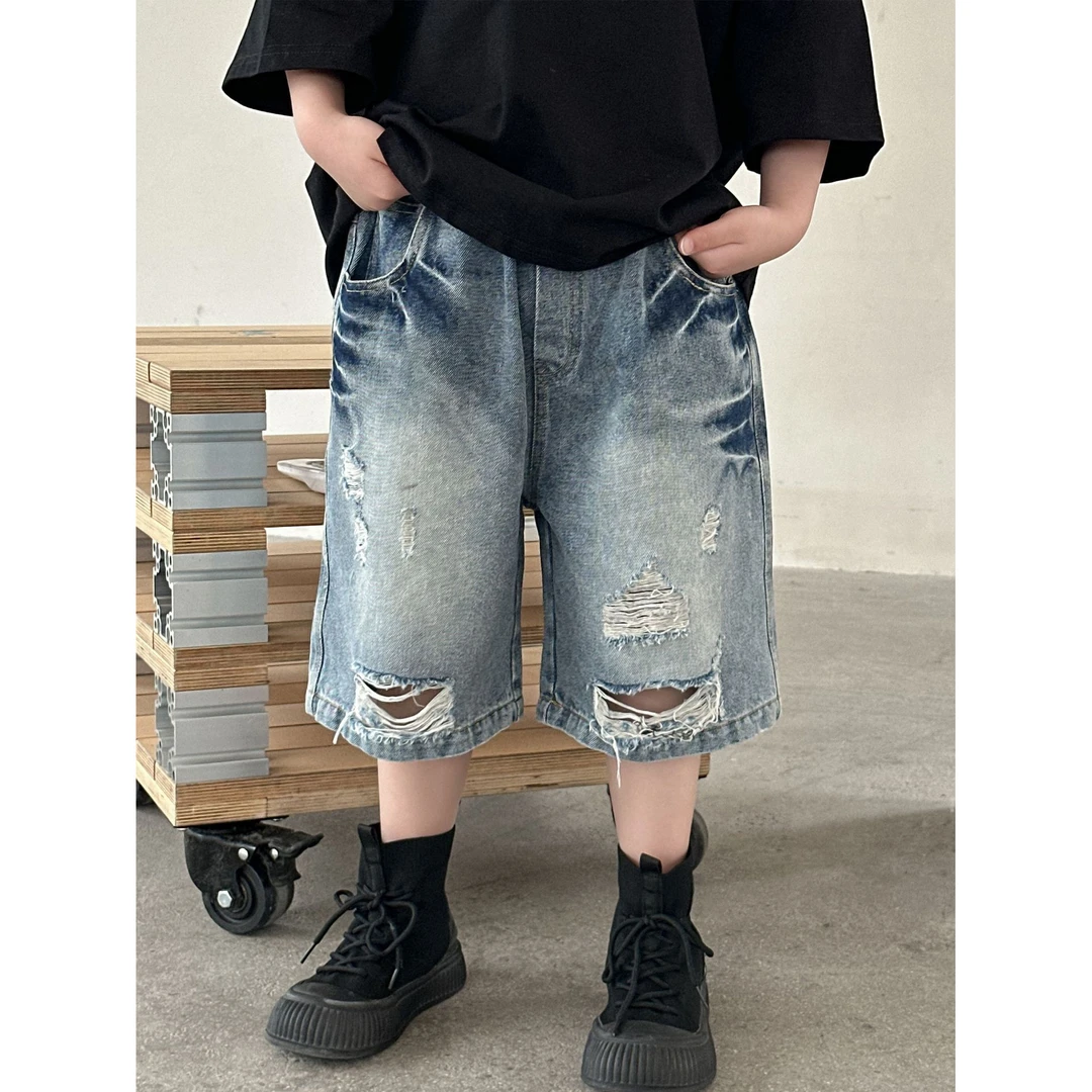 童装男童牛仔短裤夏季新款2025中小童五分裤男孩韩版破洞潮牌裤子