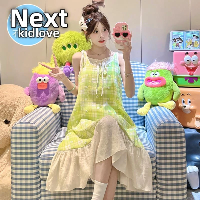 NEXT带固定胸垫吊带睡裙女夏季无袖网红风甜美格子花朵睡衣家居服