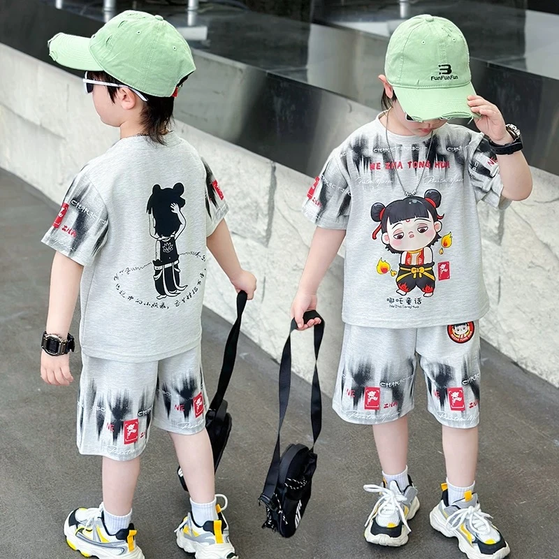 哪吒11衣服男童夏天短袖套装2025新款速干儿童男孩夏季两件套薄款