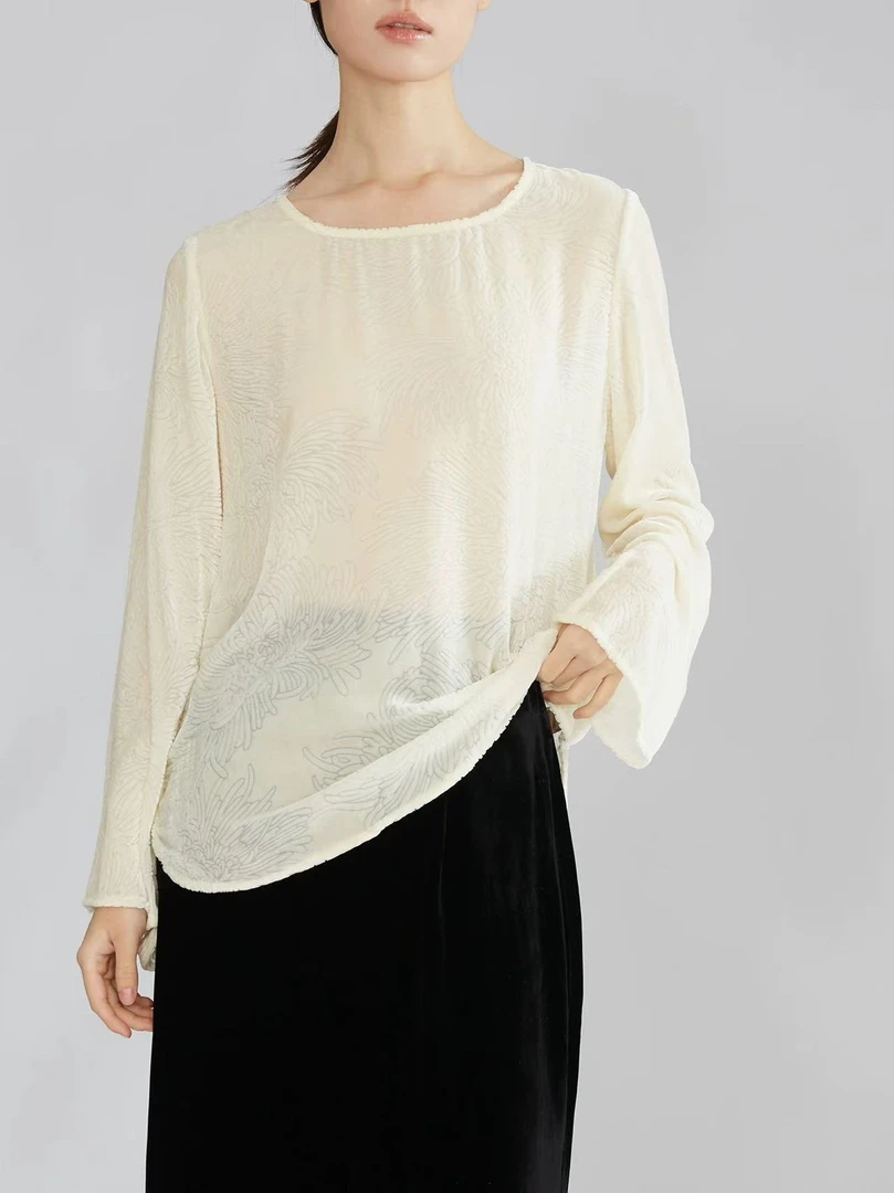 268569丝绒长袖上衣女微喇叭宽松圆领桑蚕丝微透罩衫