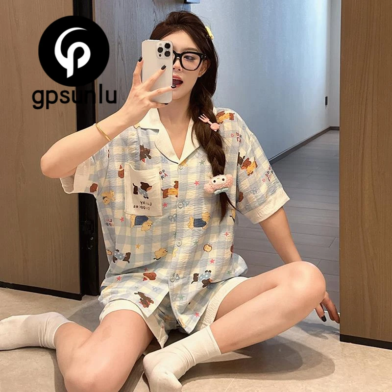 GPSUNLU夏季睡衣女短袖短裤云朵棉韩系甜美少女可爱家居服套装