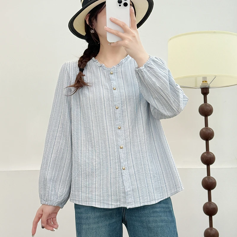 时髦精品 蓝色衬衫女竖条纹衬衣正肩高级穿搭通勤女装纯棉小金扣