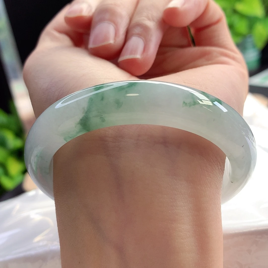 未镶嵌手镯翡翠54-55圈口冰飘绿花小万战斗机18号