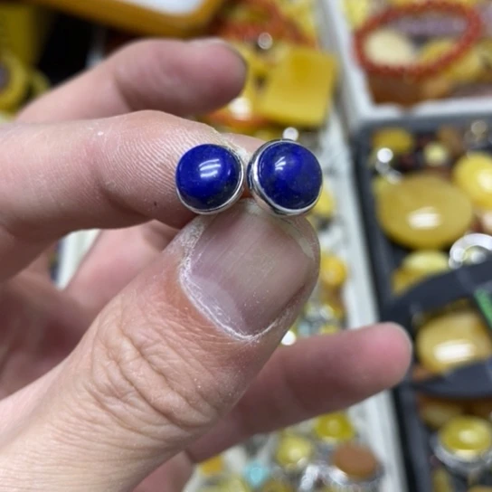 青金石耳钉银S925镶嵌耳钉