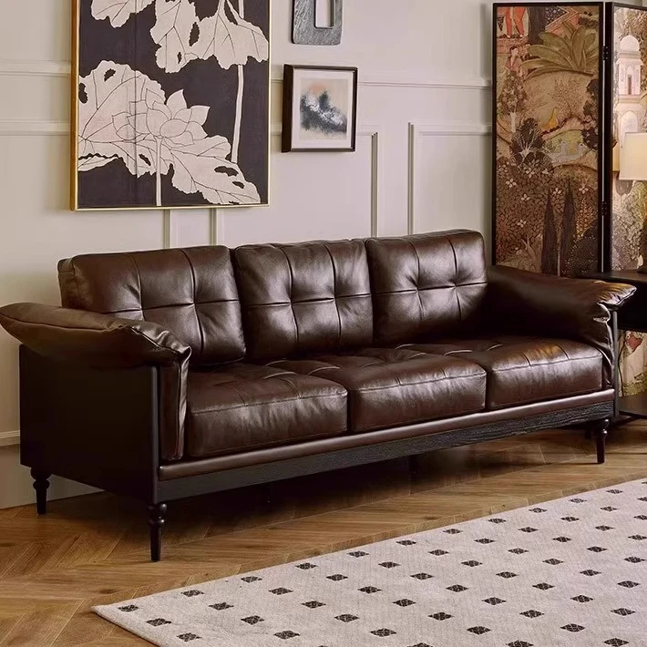 美式真皮肯尼沙发单人位客厅新款直排黑色法式复古中古沙发家用