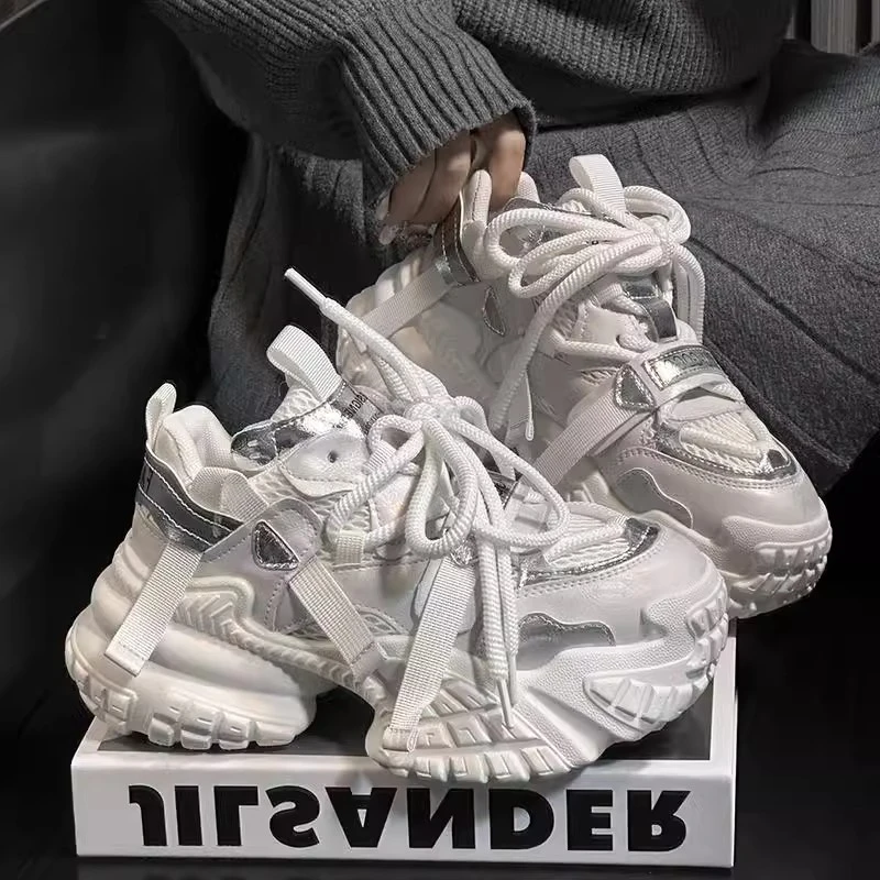 欧货真皮网面透气老爹鞋女厚底系带百搭小个子增高轻便休闲运动鞋