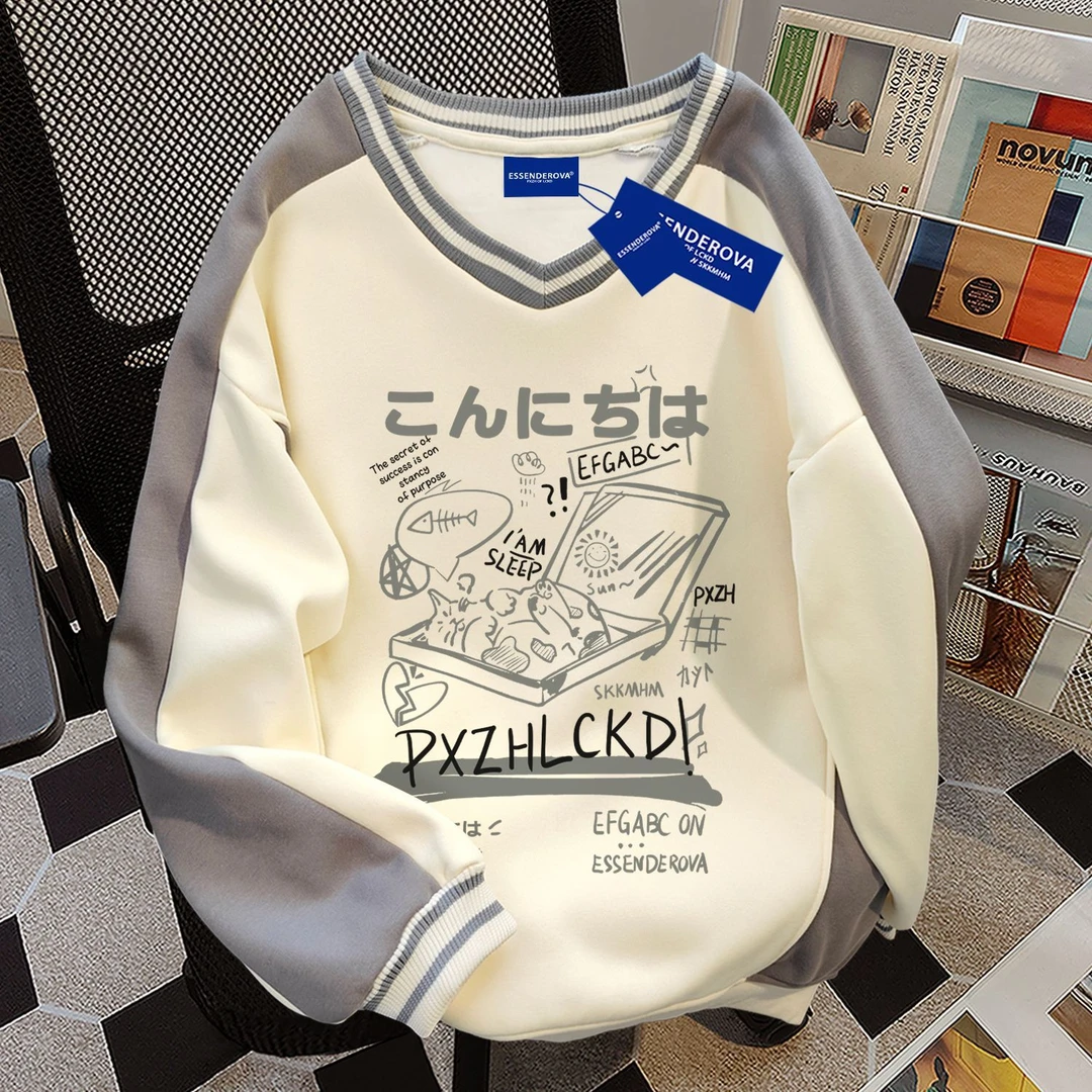 日系休闲秋冬季美式街头小众宽松显瘦拼接V领卫衣女加绒加厚上衣