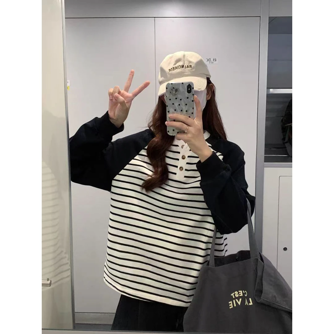 秋冬季拼色V领长袖韩版设计感潮牌撞色宽松休闲百搭时尚t恤24240