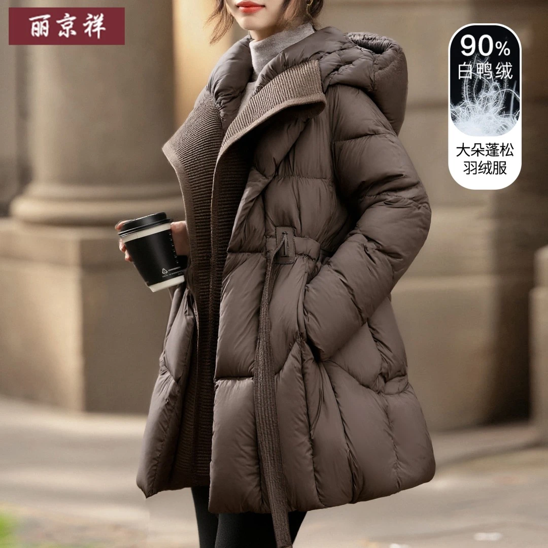 中年妈妈冬装羽绒服洋气连帽外套高克重加厚保暖外套防寒衣服大码