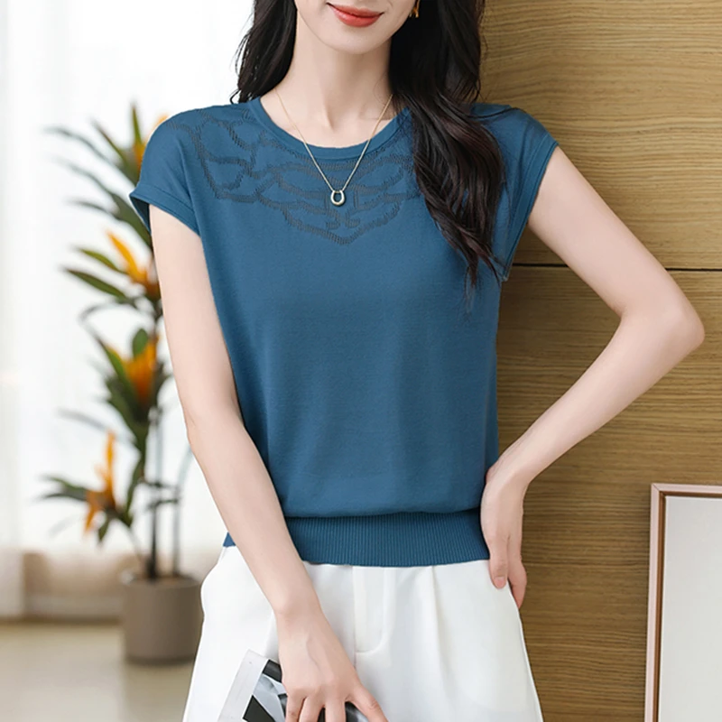 女士气质温柔小衫天丝洋气妈妈外穿短袖T恤宽松遮肚显瘦百搭小衫