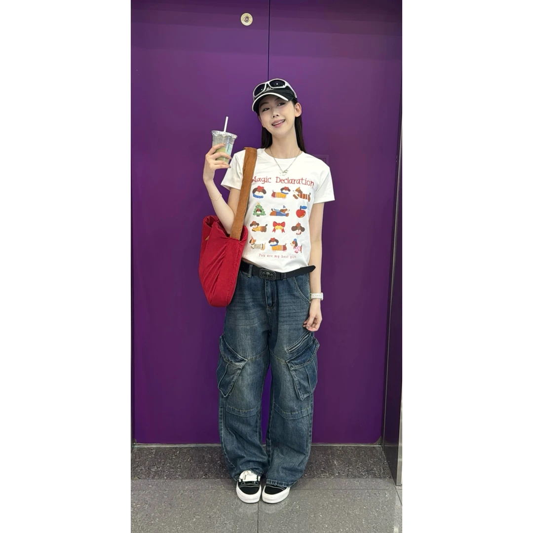 【饭困了】美式辣妹正肩圆领修身短款可爱狗狗图案女款T恤夏季潮