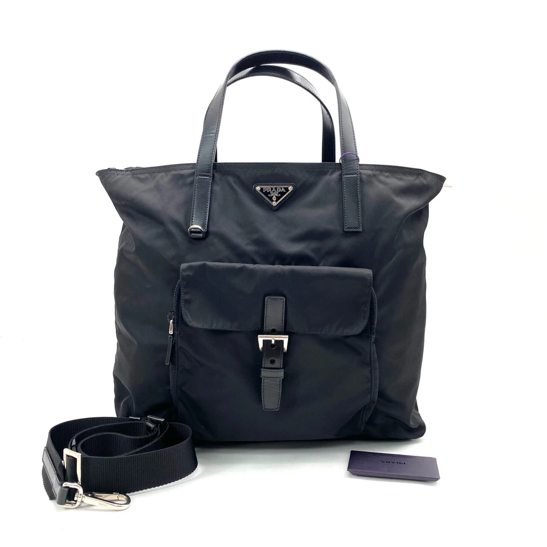 95新 Prada/普拉达 黑色尼龙机车托特包 尺寸35/32 男士肩包休闲
