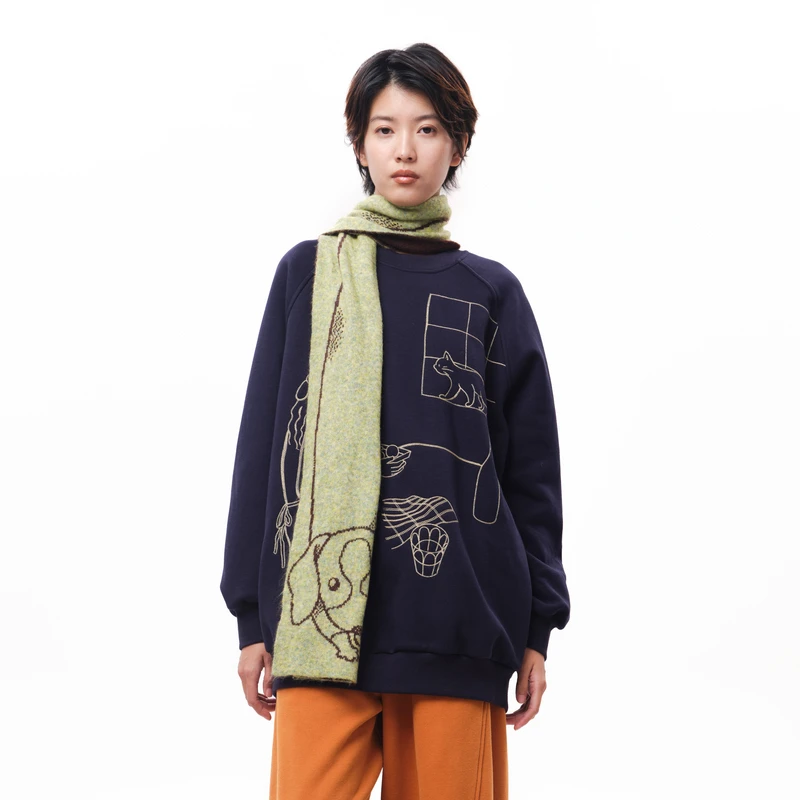 MOVEUP幻走2025冬季新款.FUN 插肩袖绣花中长款卫衣女3EWD11476