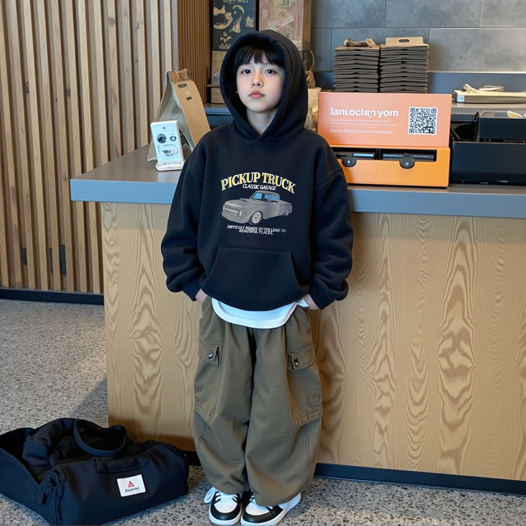 黑色男童连帽卫衣2025新款爆款加绒加厚女童外套秋冬儿童洋气上衣