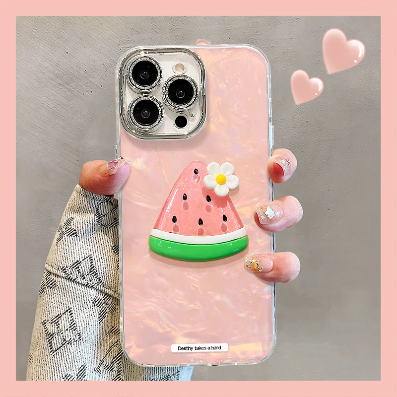 水果公仔适用苹果15promax华为oppo小米iPhone16精孔贝壳纹手机壳