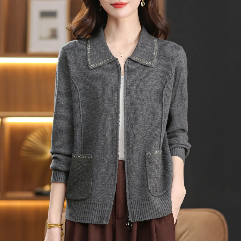 品牌女装正品秋冬双头拉链针织开衫翻领宽松毛衣外套减龄妈妈装