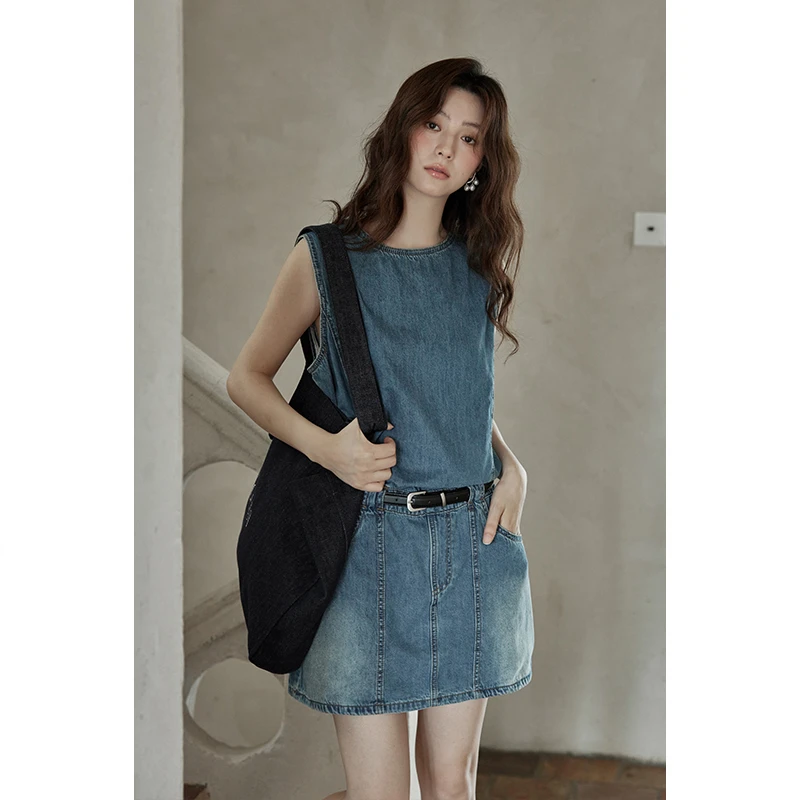复古时尚辣妹无袖牛仔连衣裙女夏季新款韩系小众显瘦气质短裙子潮